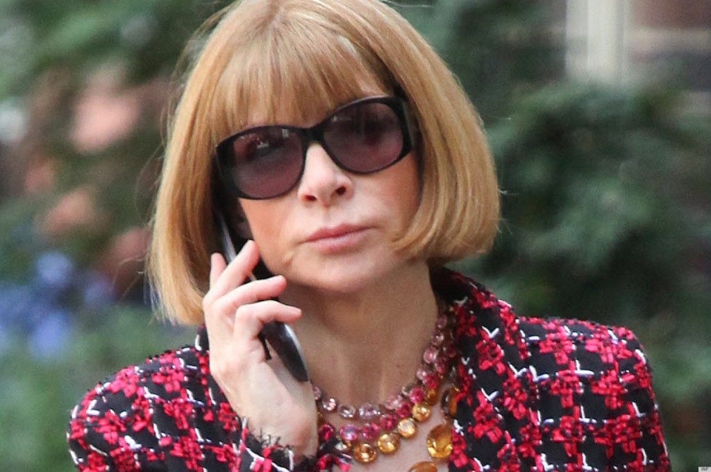 April 17, 2013:  Anna Wintour totes a Chanel shopping bag while chatting on her cell phone in New York City. Mandatory Credit: Mauceri/MacFarlane/INFphoto.com  Ref: infusny-141/240