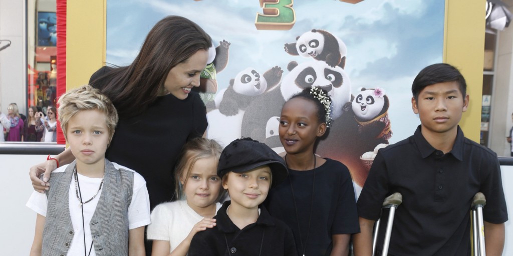 Shiloh Nouvel Jolie-Pitt, Angelina Jolie, Vivienne Marcheline Jolie-Pitt, Knox Leon Jolie-Pitt, Zahara Marley Jolie-Pitt and Pax Thien Jolie-Pitt seen at DreamWorks Animation and Twentieth Century Fox World Premiere of 'Kung Fu Panda 3' at TCL Chinese Theater on Saturday, Jan. 16, 2016, in Hollywood, CA. (Photo by Eric Charbonneau/Invision for Twentieth Century Fox/AP Images)